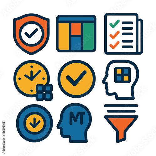Flat vector icons of productivity systems: Getting Things Done (GTD) system badge, Kanban board app icon, Bullet Journal productivity tracker, Ivy Lee method task planner, time batching technique