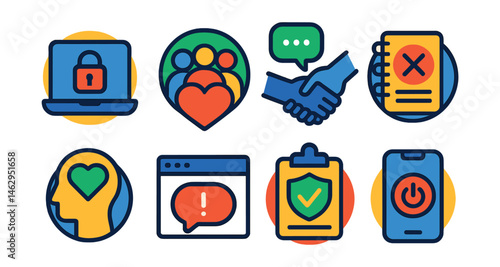 Flat vector icons of healthy online communication: setting online boundaries badge, building positive online communities badge, supporting friends online icon, saying no online guide, digital empathy