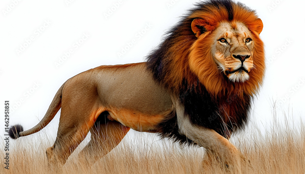 Obraz premium Majestic Male Lion Walking Through Golden Grass