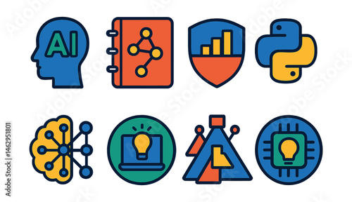 Flat vector icons of learning AI and technology skills: basic AI literacy badge, machine learning basics planner, learning data science fundamentals badge, coding with Python badge, building simple