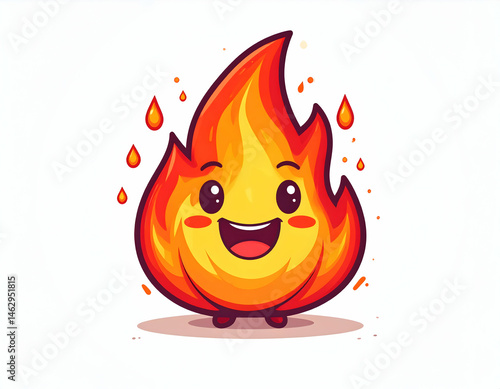 Cute cartoon flame character with a happy expression, surrounded by small fire droplets on a white background