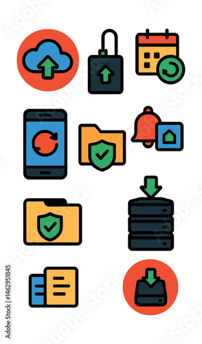 Flat vector icons of backup and recovery: cloud backup badge, external hard drive backup icon, automatic data backup plan, backup your files reminder badge, data recovery app icon, secure file