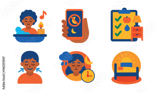 Flat vector icons of teen sleep hygiene: creating a relaxing bedtime routine badge, limiting screen time before sleep guide, sleep-friendly bedroom setup badge, healthy evening habits checklist,