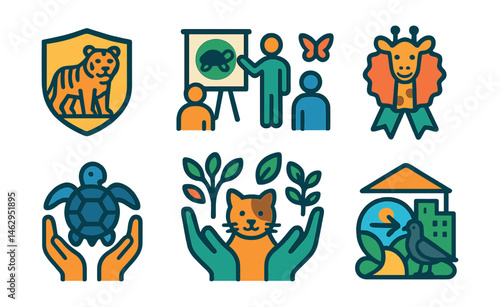 Flat vector icons of animal protection education: endangered species poster badge, wildlife conservation workshops icon, zoo animal care badge, habitat preservation activities badge, protecting
