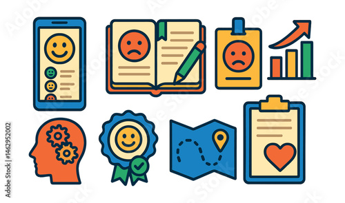 Flat vector icons of emotional awareness: emotional check-in app, emotions journal tracker, feeling identification badge, mood swing tracker icon, emotional triggers analysis, emotional regulation