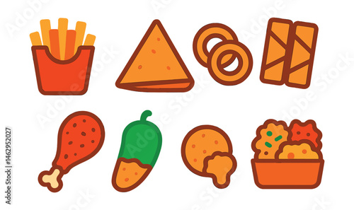 Flat vector icons of deep-fried street food: crispy fries, samosa triangle, onion rings, spring rolls, fried chicken piece, jalapeño popper, fried cheese bite, fritter mix tray.