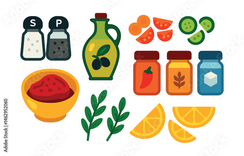 Flat vector icons of food prep ingredients: salt and pepper shakers, olive oil bottle, chopped vegetables, marinated meat in bowl, spice jars, flour and sugar containers, herb sprigs, lemon wedges.