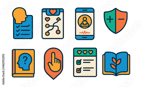 Flat vector icons of mindful decision-making: decision clarity checklist, value-driven decision planner, mindful decision meditation app, pros and cons list badge, reflective decision-making guide,