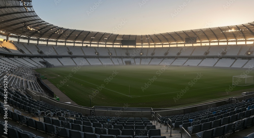 Fototapeta premium Empty ultra-modern football stadium in Europe at sunrise, soft golden light illuminating the empty rows of seats, clean grass pitch with visible mowing lines, minimal fog in the background, architectu