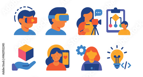 Flat vector icons of creative future professions: augmented reality designer badge, virtual reality developer icon, digital content creator badge, gaming storyteller planner, 3D experience designer