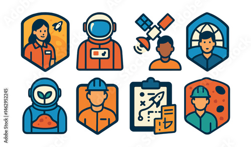 Flat vector icons of space-related professions: space tourism guide badge, commercial astronaut icon, satellite communication engineer badge, space habitat designer badge, extraterrestrial
