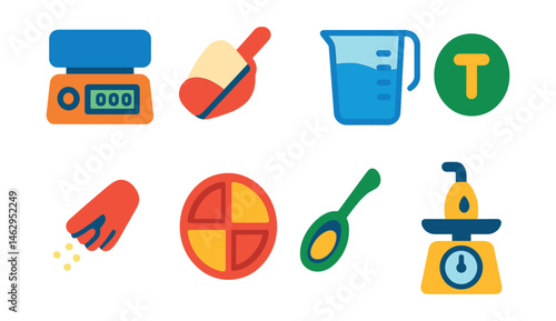 Flat vector icons of food measuring and scaling: digital kitchen scale, scoop of flour, measuring jug with water, tare weight button, small pinch of salt, portion divider, tablespoon of oil, scale