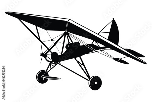 Black outline illustrates a singleseat biplane ultralight aircraft on the white background
