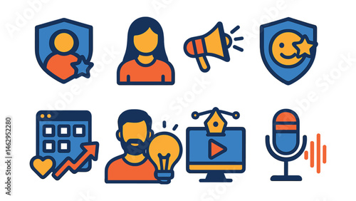 Flat vector icons of personal brand and online careers: personal branding strategist badge, influencer marketing manager icon, content monetization consultant badge, online reputation manager badge,