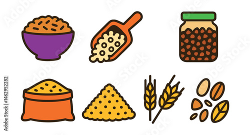 Flat vector icons of organic grains and cereals: brown rice bowl, quinoa scoop, oats in sack, buckwheat jar, bulgur in container, millet pile, barley stalks, whole grain mix.