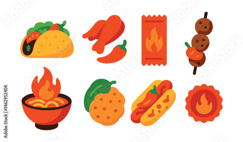 Flat vector icons of spicy street food: chili-loaded taco, spicy wings, hot sauce packet, peppered kebab, fire ramen bowl, jalapeño corn fritter, chili dog, extra spicy label icon.