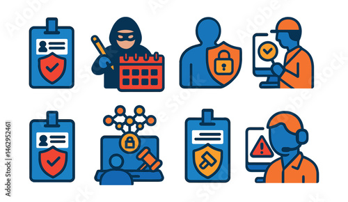 Flat vector icons of cybersecurity careers: cybersecurity analyst badge, ethical hacker planner, data privacy officer icon, cybersecurity researcher badge, penetration tester badge, blockchain