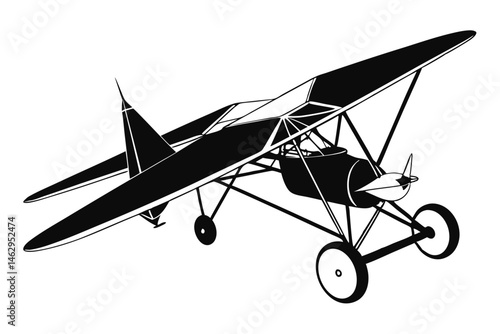 Black and white shows a biplane aircraft design ready to take flight