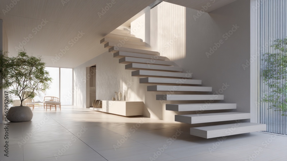Fototapeta premium Minimalist staircase with invisible railing and no risers 
