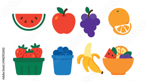 Flat vector icons of picnic-friendly fruits: sliced watermelon, whole apple, bunch of grapes, peeled orange, strawberries in container, blueberries in cup, banana with peel, fruit salad in bowl.