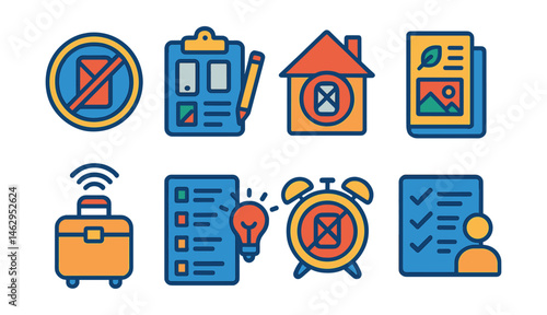Flat vector icons of digital detox practices: weekly digital detox badge, weekend without gadgets plan icon, device-free zones at home badge, digital detox retreat guide, vacation with minimal tech