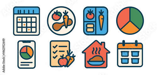Flat vector icons of meal planning: weekly meal planner badge, balanced plate setup, meal prep container icon, portion control guide, colorful plate nutrition app, shopping list for healthy meals,