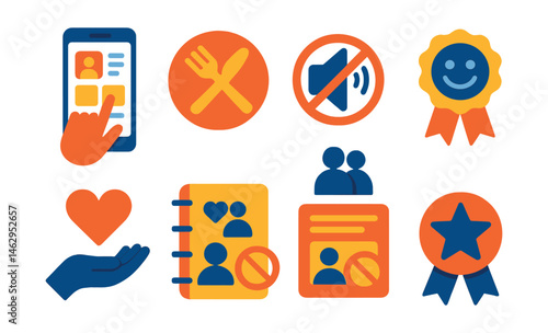 Flat vector icons of mindful social media use: conscious social media scrolling guide, social media fasting challenge badge, muting distractions icon, positive content curation badge, online kindness