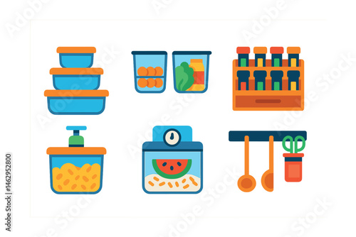 Flat vector icons of modular kitchen storage: stackable food containers, transparent pantry bins, spice drawer organizer, vacuum-sealed container, fridge box with timer, vertical lid holder, labeled
