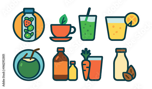 Flat vector icons of natural drinks and hydration: infused water bottles badge, herbal tea cup icon, green smoothie app, no-sugar lemonade recipe guide, coconut water hydration badge, kombucha
