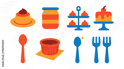 Flat vector icons of dessert presentation: dessert on plate, layered jar, dessert tray, cake stand, tiered display, dessert spoon, ramekin with napkin, dessert fork set.