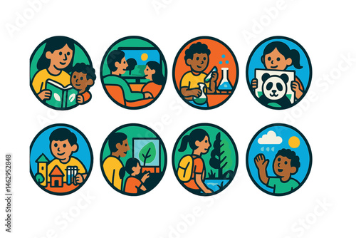 Flat vector icons of eco-learning at home: reading eco-books for kids badge, watching nature documentaries together badge, practicing eco science experiments badge, learning about endangered animals