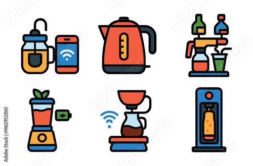 Flat vector icons of smart drink devices: tea infuser with app, auto-temperature kettle, connected coffee scale, programmable milk frother, smoothie mixer with battery, Wi-Fi cold brew maker,