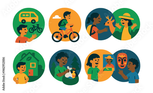 Flat vector icons of teaching kids sustainable travel: choosing eco-transport badge, biking on vacations badge, respecting wildlife during trips badge, visiting eco-parks badge, staying in eco-hotels