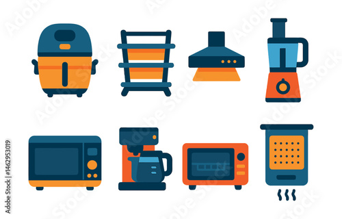 Flat vector icons of space-saving kitchen tech: foldable air fryer, collapsible dish rack, retractable hood, vertical food processor, compact microwave, all-in-one breakfast station, slim-line