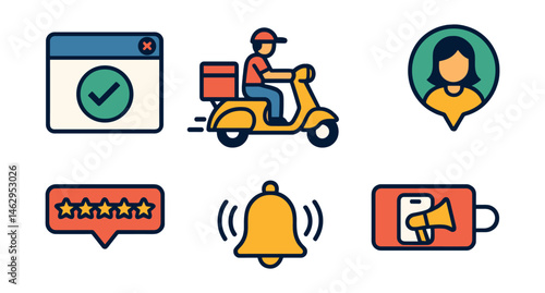 Flat vector icons of delivery notifications: order confirmation popup, courier is on the way, food arriving soon message, customer feedback prompt, rating stars, push alert bell, app promo banner,