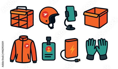 Flat vector icons of food courier accessories: delivery bag with compartments, helmet with logo, mobile phone holder, insulated pouch insert, branded jacket, courier ID badge, power bank, thermal