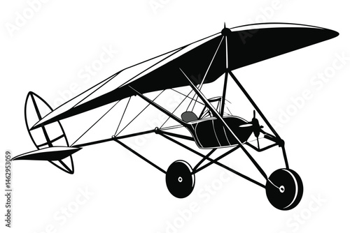 Microlight airplane shows a simple black and white design with propeller and wheels