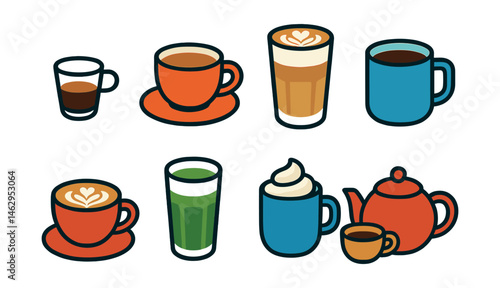 Flat vector icons of café drinks: espresso shot, cappuccino in ceramic cup, latte with art, americano mug, flat white icon, matcha latte glass, hot chocolate with whipped cream, tea pot with cup.