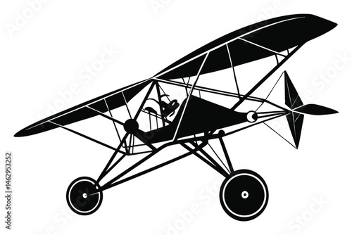 Man pilots vintage biplane plane with rotating propeller in simple black and white format