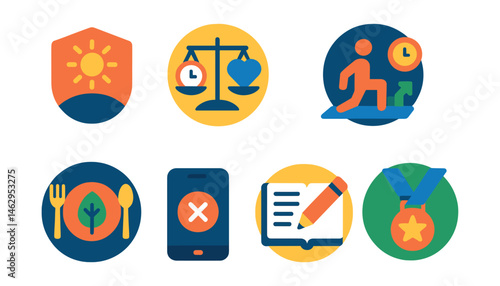 Flat vector icons of healthy productivity habits: early riser badge, balanced work-break rhythm badge, energy management tracker, exercise during breaks planner, healthy meals for productivity badge,