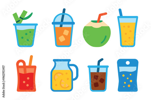 Flat vector icons of street food beverages: sugarcane juice in cup, iced tea with lid, fresh coconut with straw, mango lassi glass, soda in pouch, street lemonade jar, Thai iced coffee, sparkling