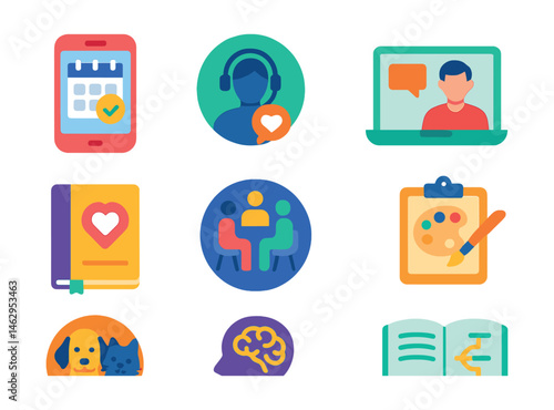 Flat vector icons of therapy and counseling support: therapy session booking app, mental health hotline contact badge, online therapy session icon, therapy support journal, group therapy meeting