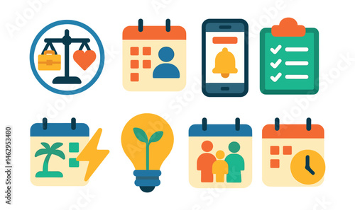 Flat vector icons of balancing work and personal life: work-life balance wheel badge, personal time scheduler, break scheduling app icon, work boundary setting checklist, weekend recharge planner,