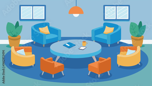 The lounge also has a designated area for group study with a circular table and comfortable chairs.