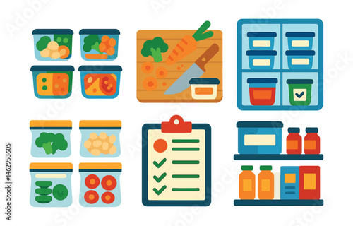 Flat vector icons of meal prepping and storage: portioned food in containers, chopping for the week, labeled meal boxes, stacked containers in fridge, ziplock bags with ingredients, freezer labels,