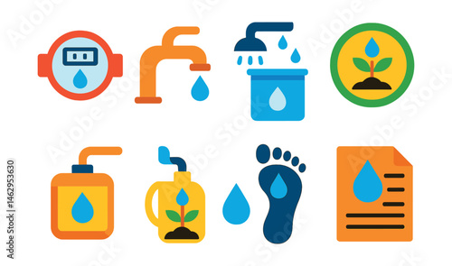Flat vector icons of water conservation: smart water meter badge, low-flow water fixtures icon, rainwater harvesting systems, water-efficient irrigation badges, greywater recycling system, water