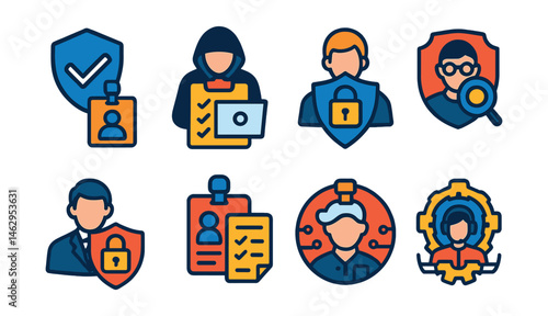 Flat vector icons of cybersecurity careers: cybersecurity analyst badge, ethical hacker planner, data privacy officer icon, cybersecurity researcher badge, penetration tester badge, blockchain