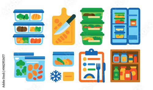 Flat vector icons of meal prepping and storage: portioned food in containers, chopping for the week, labeled meal boxes, stacked containers in fridge, ziplock bags with ingredients, freezer labels,