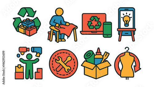 Flat vector icons of upcycling and waste transformation: plastic bricks recycling badge, fabric waste upcycling workshops, second-life electronics badge, furniture upcycling ideas app, creative reuse