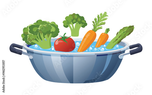 A bowl of fresh vegetables soaking in water for cleaning - vector illustration
